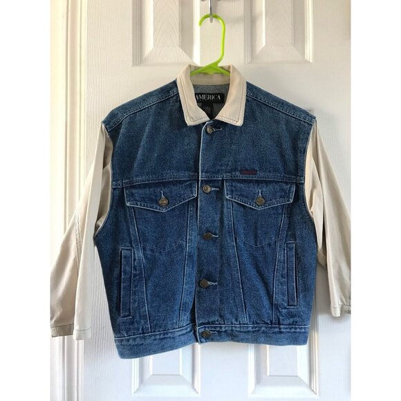 Vtg 1970's Perry Ellis America  Denim Jean Jacket Size S With Neutral Colored Fa - Picture 1 of 9